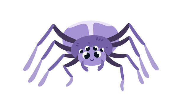 Happy cute spider with eyes and legs. Funny arachnid, childish character. Smiling comic insect with positive expression, emotion. Kids flat vector illustration isolated on white background