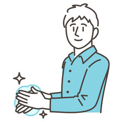 Young man washing his hands to keep clean and prevent infection [Vector illustration].