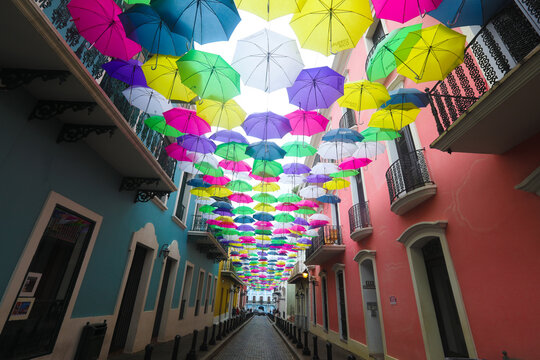 Fototapeta Colorful Umbrellas of downtown San Juan, Puerto Rico s capital and largest city, sits on the island's Atlantic coast.
