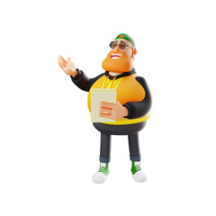  3D illustration. 3D Cartoon Fat Man carrying paper in hand. with a pose explaining the hands raised one. show expression. 3D Cartoon Character