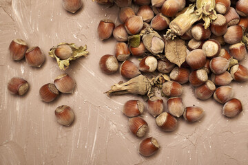 hazelnuts scattered on the table close-up copy space
