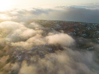 Santorini Aerial View at Sunrise. Famous Volcanic Island, Cyclades, Greece. 