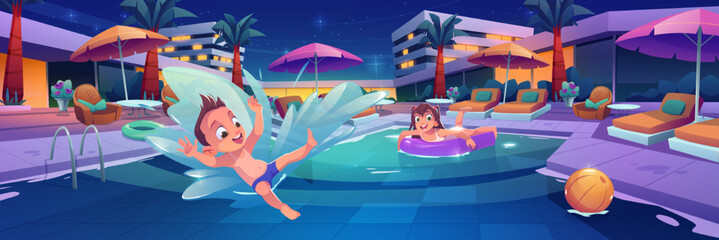 Kids swim and play in pool in luxury hotel. Summer landscape of swimming pool with happy boy jumping in water, girl on inflatable mattress in evening, vector cartoon illustration