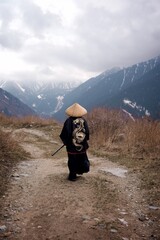 Rear view of a Young boy dressed as Samurai with the painted dragon on Kimono standing by the mountain trail in the cloudy weather
