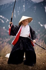 A young caucasian boy seven year old dressed as Samurai in black and white Kimono with katana...