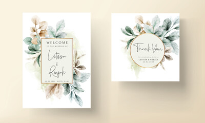 elegant wedding invitation card watercolor leaves with sage color