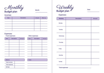 Personal budget plan concept. Monthly and weekly printable template, A4 format. Vector illustration on a white background.