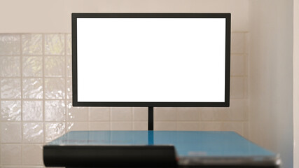 Blank touchscreen monitor of a copy machine in office. Concept of electronic equipment and office supplies for business organization