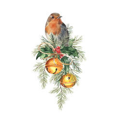Watercolor christmas composition with robin bird and bells