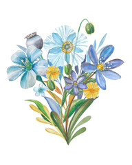 Summer elegant bouquet with field wild blue flowers. Watercolor floral iilustration for birthday postcards in vintage style.