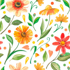 Fototapeta na wymiar Watercolor seamless pattern with ethnic motifs. Issustration of wild fild flowers in yellow, orange and red colors. Pretty ornament for textile and packing.