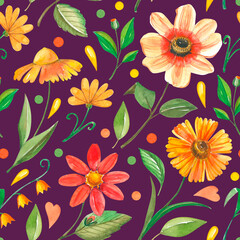 Watercolor floral seamless pattern with folk motifs at black background. Orange field flowers.