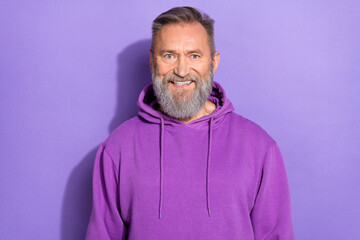 Portrait photo of aged old pensioner attractive man toothy smile bearded positive successful boss isolated on pastel purple color background