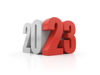 Red and white inscription 2023 isolated on white background. Illustration for advertising. 3D rendering.
