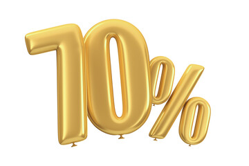 Golden percent balloons on an isolated white background. 3d render illustration. Ten percent. Seventy percent.