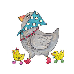 Children's illustration of a chicken and chickens, cartoon drawing with a chicken in a scarf