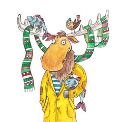 Moose in a coat and holding a fish. Watercolor illustration of a moose in clothes