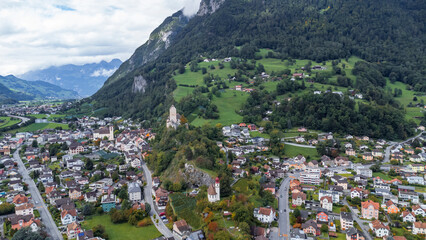 drone view of Castle in Sargans, Switzerland - Sargans castle - Schloss Sargans / Château de Sargans 