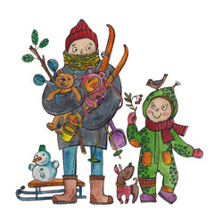 Mom and child walk in winter. Children's illustration with winter fun