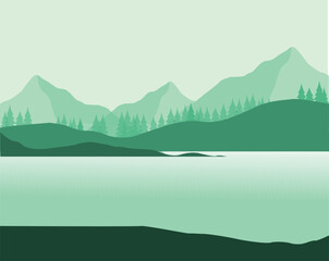 Flat Summer Mountain Landscape icon illustration with beautiful green hills and pines and green background.