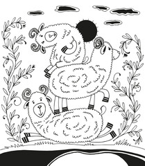 Illustration with funny sheep, a pyramid of sheep