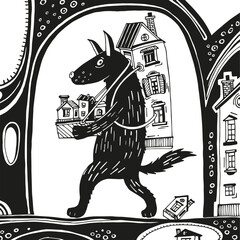 A wolf with a backpack carries houses. Graphic illustration of a wolf and toy houses