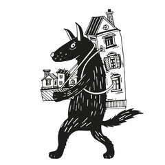A wolf with a backpack carries houses. Graphic illustration of a wolf and toy houses