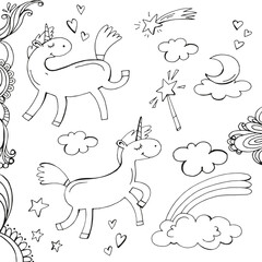 Set with unicorns and stars, children's illustration with fabulous unicorns