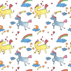 Pattern with unicorns and stars, children's illustration with fabulous unicorns