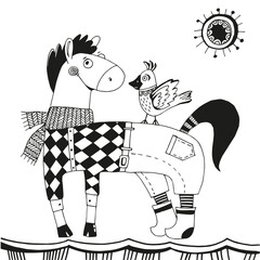 Cartoon horse in pants. Children's illustration with a funny horse and a bird