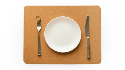 Plate, fork and knife on the table top view. Served table