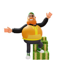  3D illustration. 3D Cartoon Fat Man standing on a pile of money. have a lot of piles of money. with a proud expression. 3D Cartoon Character