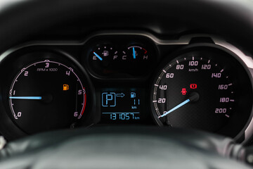 car​ instrument panel, car​ speed motor of​ night, car​ dashboard​ modern​ automobile control​illuminated panel​ speed display.	
