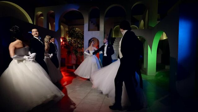 fairytale dancing ball, male and female dancers whirling in ballroom, beautiful dames
