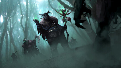 The dark priest Viking leads an army of zombie warriors and casts black magic against the backdrop of a gloomy forest. 2d illustration