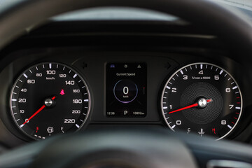 Fototapeta premium car​ instrument panel, car​ speed motor of​ night, car​ dashboard​ modern​ automobile control​illuminated panel​ speed display. 