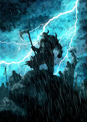 A dark viking warrior stands on a rock with a huge axe. The army of darkness follows him. Lightning flashes in the sky. 2d illustration