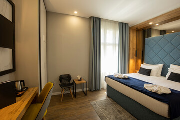 Interior of a double bed hotel bedroom