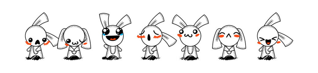 Outline Cartoon Rabbits. Emoticons, doodle faces, eyes and mouth. Caricature comic expressive emotions, smiling, crying and surprised character face expressions
