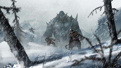 A giant troll stands in the distance, the warriors surround him, ready to attack. Winter landscape. 2d illustration