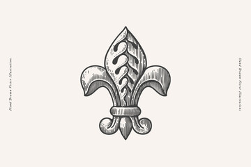 Royal lily flower in engraving style. Fleur de lis on a light isolated background. Heraldic symbol of royalty. Vintage vector illustration. - obrazy, fototapety, plakaty