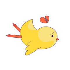 a cute little chicken in the role of a man. new trends in depicting people's lives through simple and funny forms. The chick's heart was broken