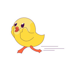a cute little chicken in the role of a man. new trends in depicting people's lives through simple and funny forms. The chick got scared and runs away