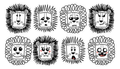 Isolated doodle cute Lion emoticons. Cute set of vector animals with emotions. Cartoon feline, lion for print, children and baby development © Drekhann