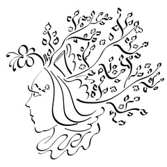 woman like nature, beautiful lady in a crown with a hairdo of flowering trees and flowers, black pattern