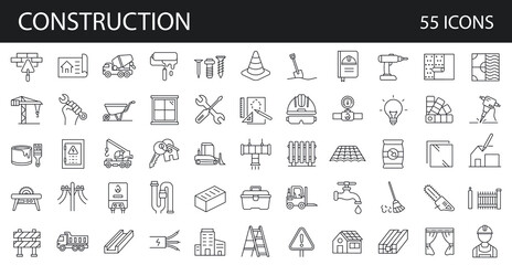 Set of 55 building and construction simple line isolated icon collection. Editable Stroke. Repair, Renovation,  Work Tools,  Materials 