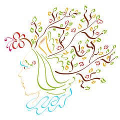 woman like nature, a beautiful lady in a crown with a hairdo of flowering trees and flowers