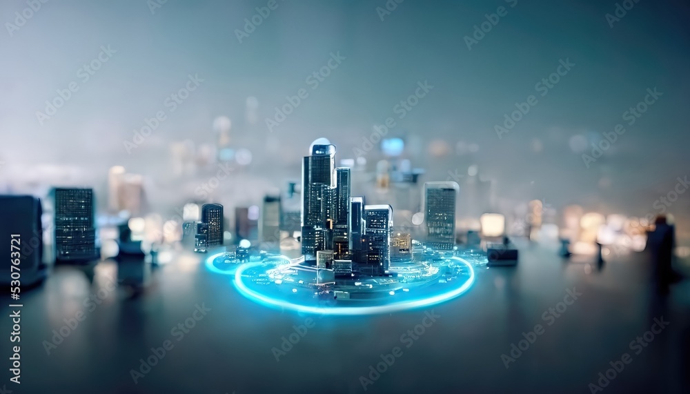 Aufkleber futuristic night city with dots and line connection. smart city and abstract dot point connect with 