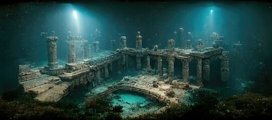 Fototapeta Parts of ancient architecture stand under water. Several columns are placed in the foreground. The water is a clear green color. At the bottom of the sand. Bubbles rise upward. 3D rendering obraz