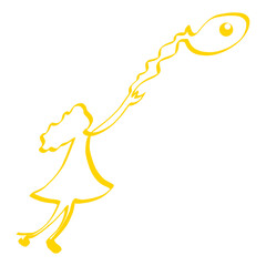 girl playing with flying balloon or fish kite, abstract yellow symbol